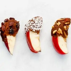 closeup of 3 AIP chocolate covered apples