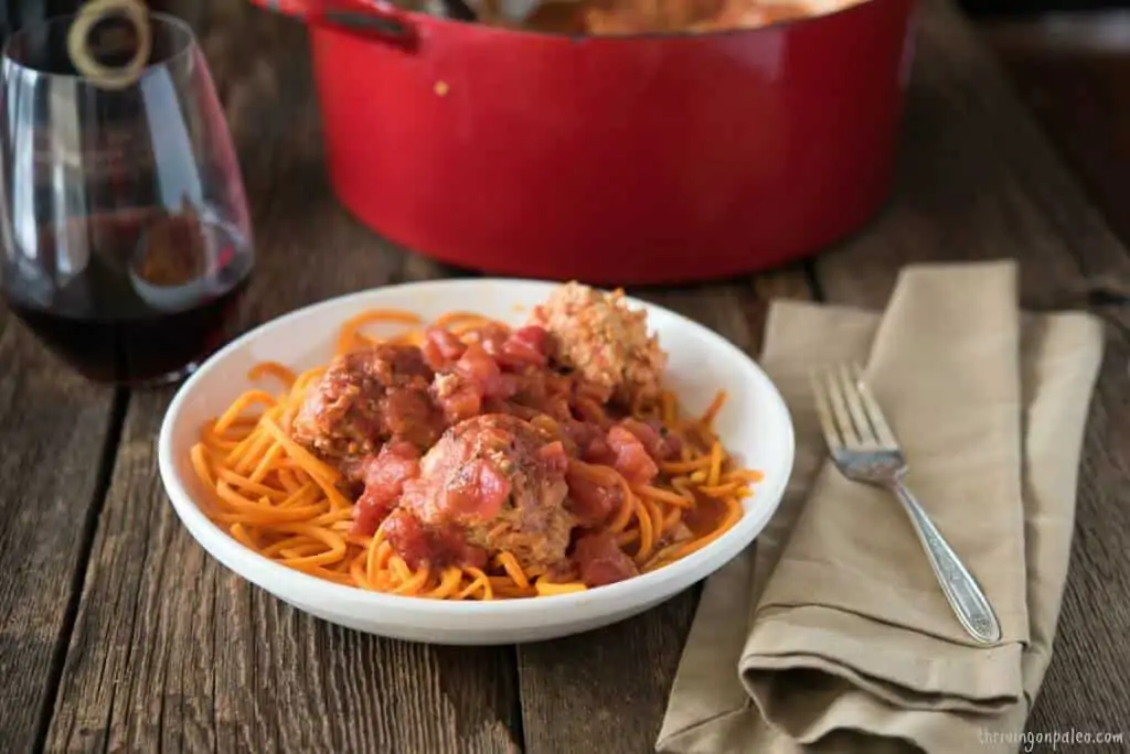 Turkey Meatballs Braised in Tomato Sauce Recipe by Thriving On Paleo - gluten-free and Paleo