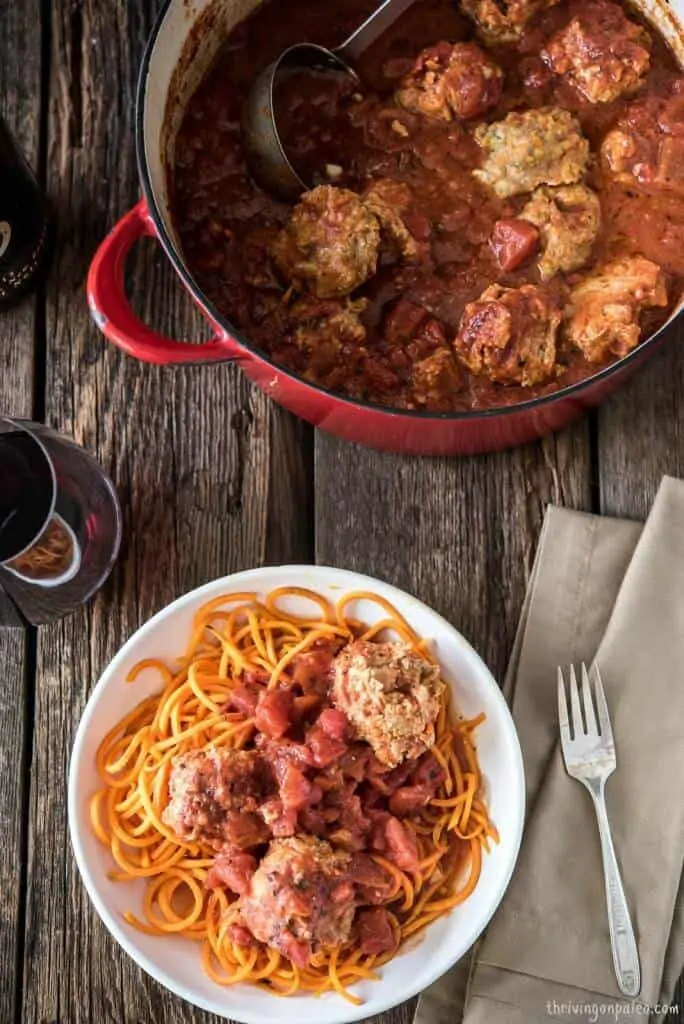 Turkey Meatballs Braised in Tomato Sauce Recipe by Thriving On Paleo - gluten-free and Paleo