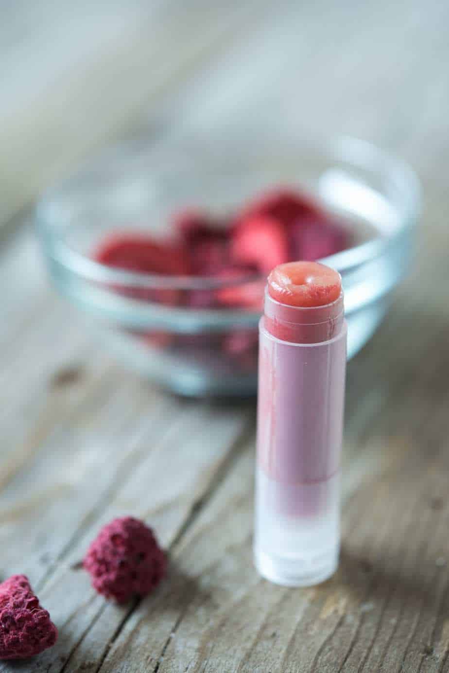 DIY Lip Balm- tinted and flavored with freeze dried fruit! Non-toxic, gluten-free, chemical-free. 