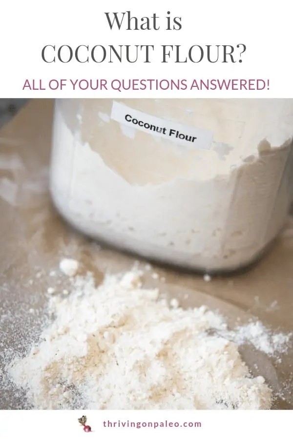 coconut flour in a jar and loose on a table - pinterest image
