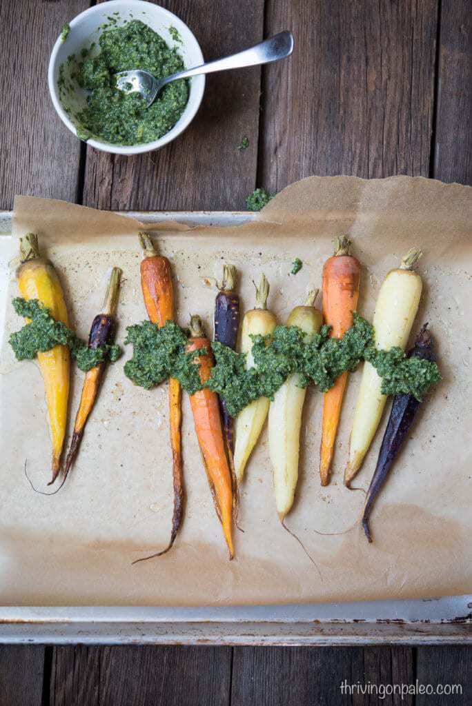 Roasted Carrots with Carrot Top Pesto - a Paleo, gluten-free, dairy-free side dish 