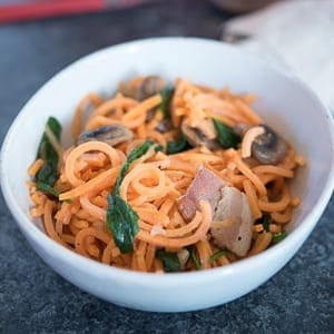 Sweet Potato Carbonara - A Paleo and gluten-free budget-friendly dinner recipe that can satisfy a less-meat appetite, or have added meat for more.