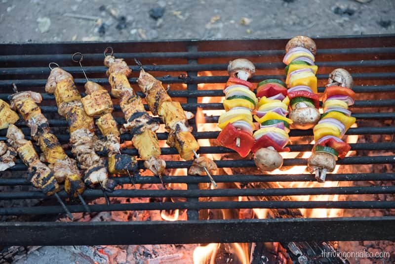 Paleo BBQ Chicken and Pineapple Skewers and Veggie Skewers on our camping trip