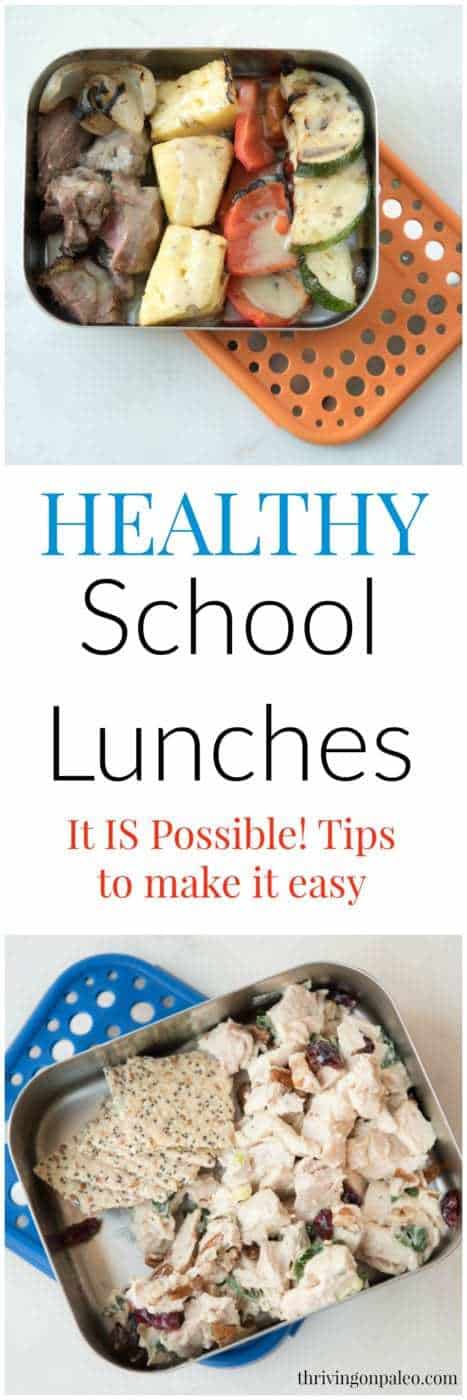 Healthy school lunches - is it really possible without getting overwhelmed with everything else you have to do? In this post I share some lunch ideas as well as all the tips I have to make it easy and prevent burn out. Kids should get healthy food but you shouldn't have to spend all your free time making them. (The ideas I give are for Paleo and gluten-free lunch ideas but the tips work for anyone)