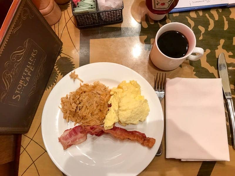Eating gluten-free at Disneyland - Storytellers Cafe in the Grand Californian, eggs, hash browns, and bacon