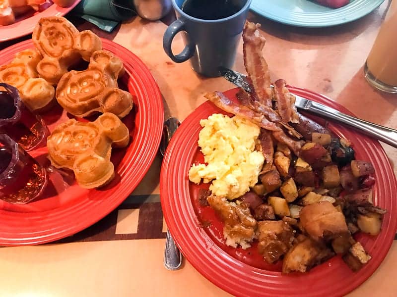 Eating gluten-free at Disneyland - breakfast at Goofy's Kitchen in the Disneyland Hotel with gluten-free Mickey Waffles