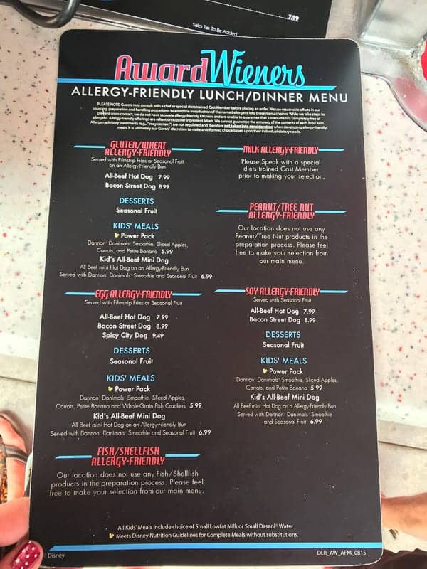 Eating gluten-free at Disneyland - Award Weiner's Allergy Menu