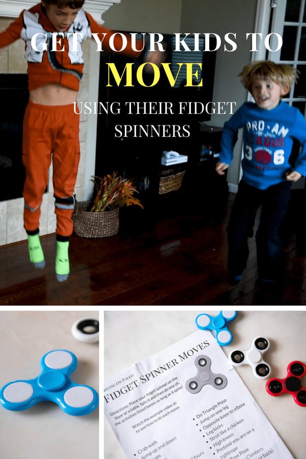 Fun activities for kids using fidget spinners for movement - this post includes a free printable Fidget Spinner Moves worksheet that give suggestions for lots of moves kids can do while they spin. Also included is a demonstration video so you know how to do each move. Get exercise, shake the boredom, and have fun on those days when the children are stuck indoors! #kidactivities #childrenactivities #activitiesforkids #FunForKids