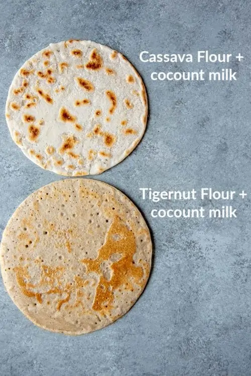 Image showing both the cassava flour and tigernut flour AIP flatbreads laying on a table for comparison