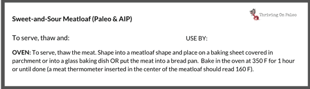 Sweet and Sour Paleo & AIP meatloaf freezer meal labels for printing