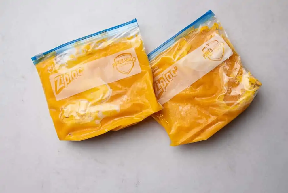 carrot ginger soup in a plastic freezer bags